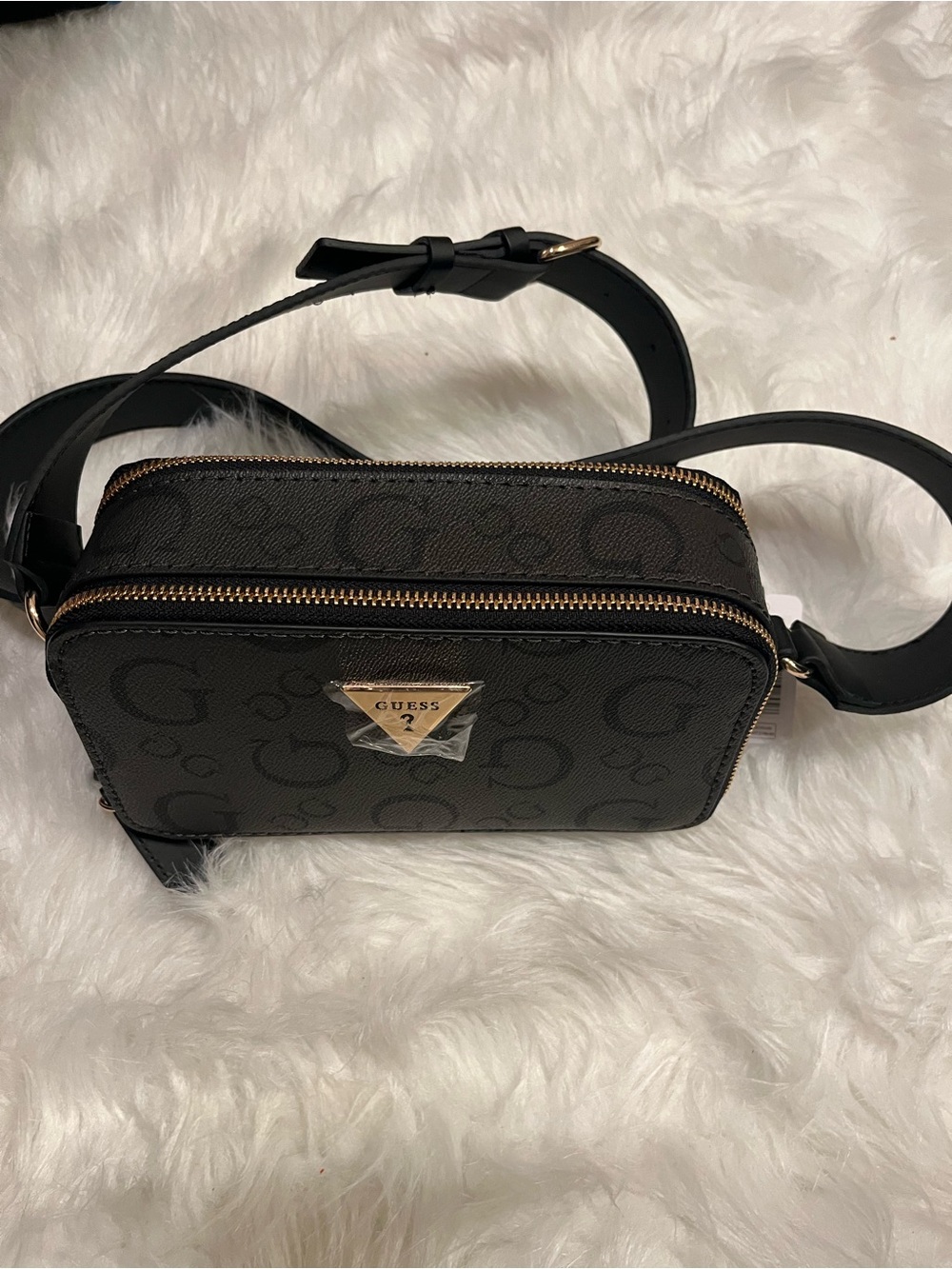 Guess Black Logo Crossbody Camera Bag with Gold Hardware